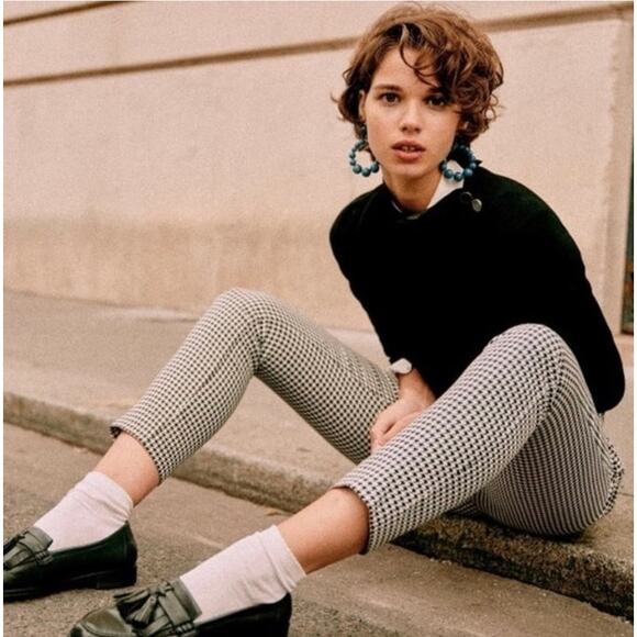 SÉZANE Clara Houndstooth Print High Rise 7/8 Trousers, Black/Ecru, FR40/US8 - Picture 2 of 12